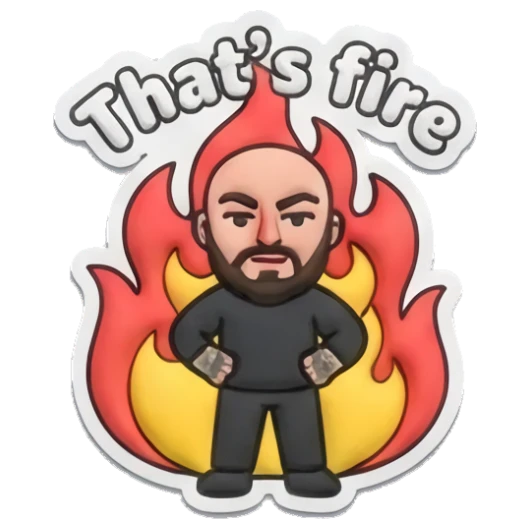 Bearded man standing confidently in front of fire, text That's fire Bearded Buddy Daily Vibes sticker for expressive chats and social replies.