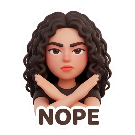 Woman with curly hair crossing arms in refusal, text NOPE Modern Couple Daily Vibes sticker for expressive chats and social replies.