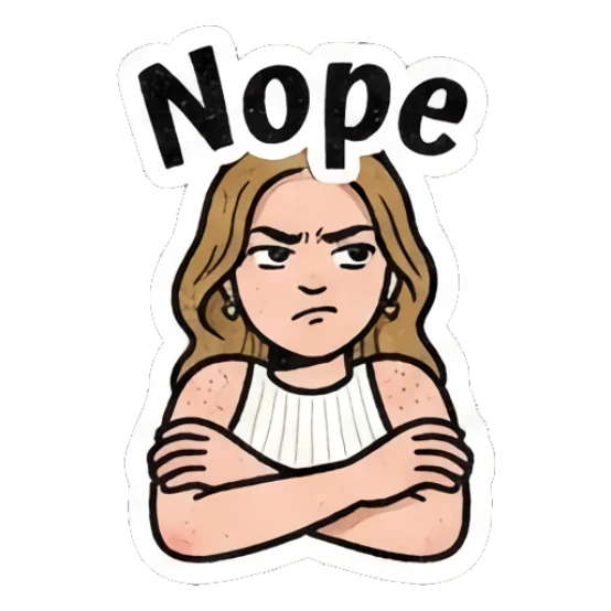Girl looking annoyed with arms crossed, text 'Nope' Retro Comic Girl Expressions sticker for expressive chats and social replies.