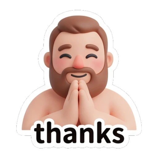 Bearded man with hands pressed together in gratitude saying thanks. Bearded Buddy Expressions sticker for expressive chats and social replies.