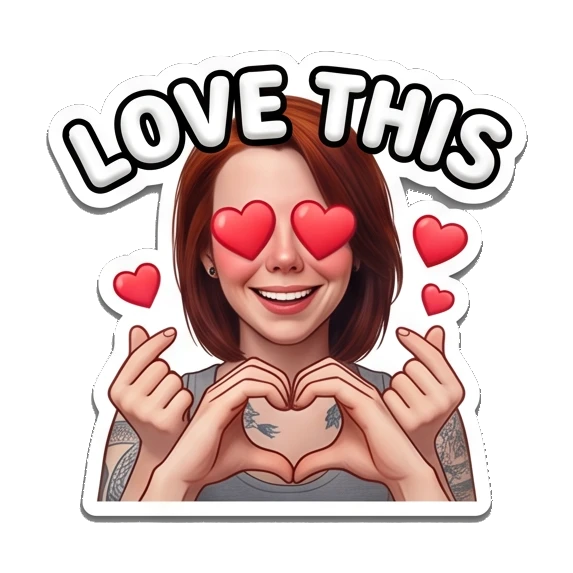 Happy girl making a heart gesture with 'LOVE THIS' text Red-Haired Girl Daily Vibes sticker for expressive chats and social replies.