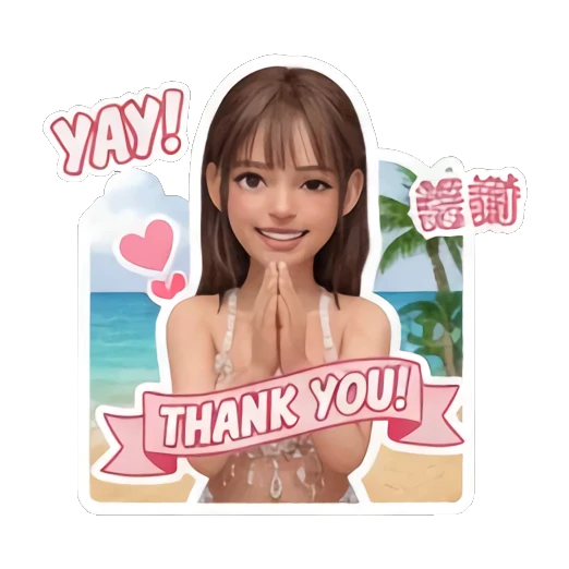 Girl with hands together in prayer pose saying YAY and THANK YOU Summer Beach Girl Vibes sticker for expressive chats and social replies.