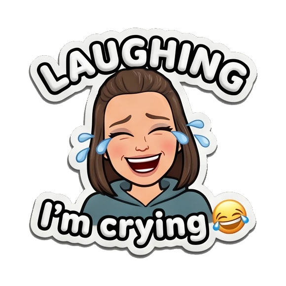 Young woman laughing with tears of joy and LAUGHING text. Playful Girl Daily Expressions sticker for expressive chats and social replies.