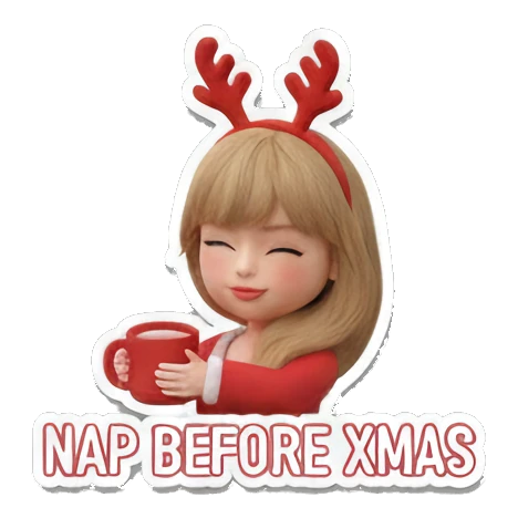 Blonde girl with reindeer antlers holding a mug, text NAP BEFORE XMAS Festive Blonde Holiday Vibes sticker for expressive chats and social replies.