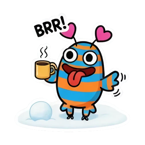 Monster drinking hot coffee, text BRR! Striped Monster Winter Fun sticker for expressive chats and social replies.