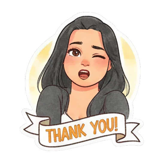Young woman winking and smiling with a 'THANK YOU!' banner. Modern Girl Daily Expressions sticker for expressive chats and social replies.