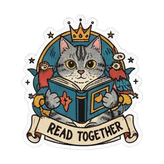 cat reading under a blanket Literary Tabby Adventures sticker for expressive chats and social replies.