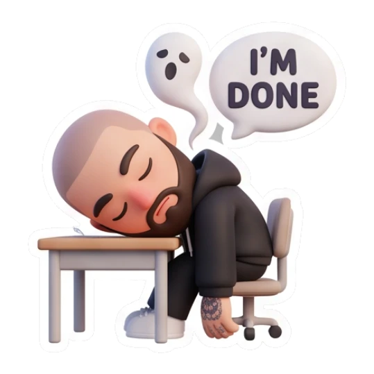 Bearded man sleeping at desk with ghost soul, text I'M DONE Bearded Guy Daily Vibes sticker for expressive chats and social replies.