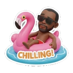 Man relaxing on a pink flamingo floatie with sunglasses, text CHILLING! Summer Beach Vibes sticker for expressive chats and social replies.