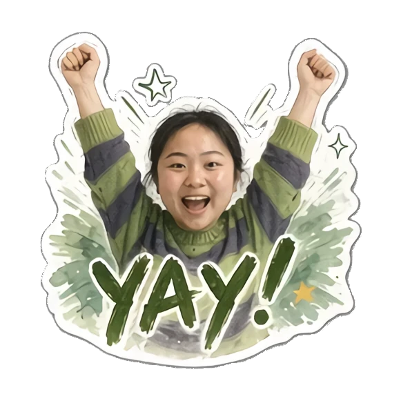 Young woman cheering with arms raised saying YAY Cheerful Daily Life of a Young Woman sticker for expressive chats and social replies.