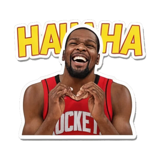 Durant making a heart shape with hands with 'HA HA' text, laughing. Kevin Durant Basketball Moods sticker for expressive chats and social replies.