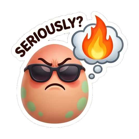 Spotted egg with sunglasses looking angry with fire icon, text SERIOUSLY? Cool Spotted Egg Expressions sticker for expressive chats and social replies.