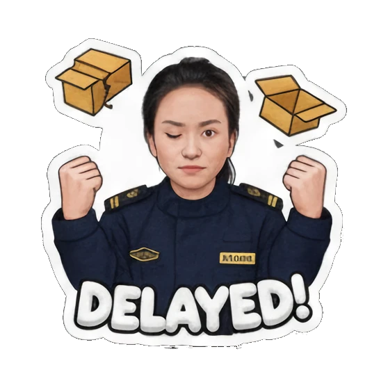 Woman angry, fists clenched, frustrated by "DELAYED!". Delivery Dispatcher's Diary sticker for expressive chats and social replies.