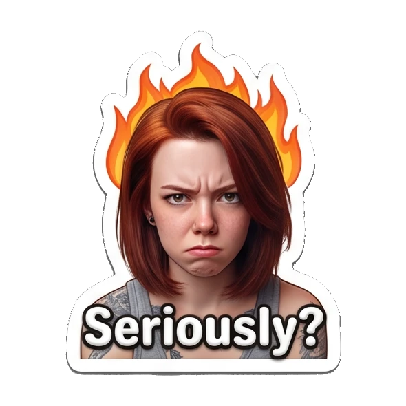 Annoyed red-haired girl with a flame effect above her head. Red-Haired Girl Expressions sticker for expressive chats and social replies.