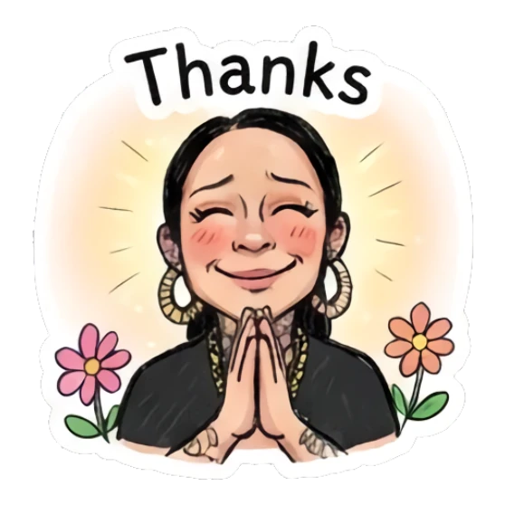 Girl with hands in prayer, thankful expression, flower background. Doodle Girl Vibes sticker for expressive chats and social replies.