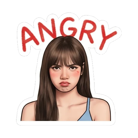 Young woman looking angry with a pout and ANGRY text. Lisa Daily Vibes sticker for expressive chats and social replies.