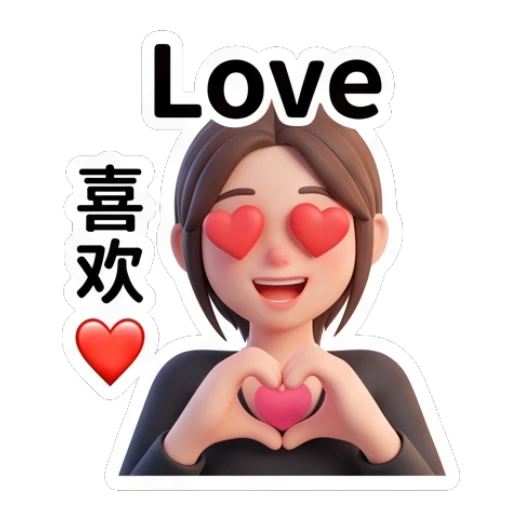 Young woman forming a heart shape with hands and 'Love' text Modern Girl Daily Expressions sticker for expressive chats and social replies.