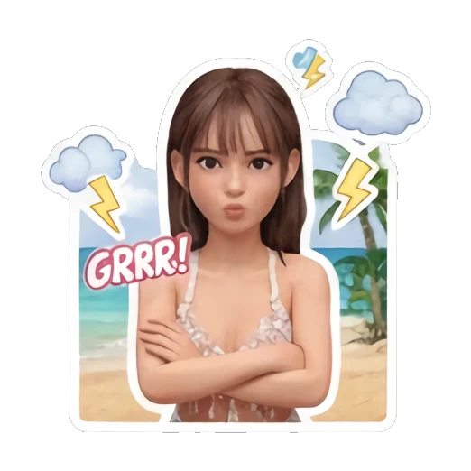 Girl with arms crossed and angry face under storm clouds saying GRRR Summer Beach Girl Vibes sticker for expressive chats and social replies.