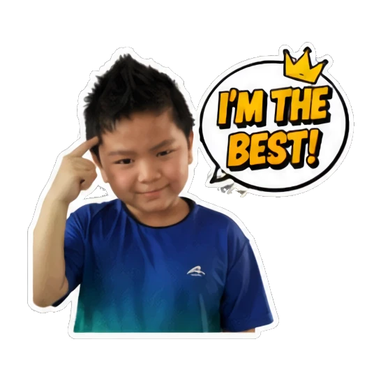 Young boy pointing to head confidently with 'I'M THE BEST!' text Energetic Boy Daily Expressions sticker for expressive chats and social replies.