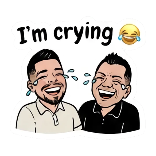 Twin brothers laughing with tears with 'I'm crying' text. Twin Brothers Daily Vibe sticker for expressive chats and social replies.