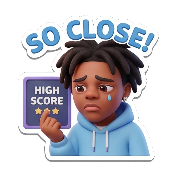 Gamer boy sad holding high score, text 'SO CLOSE!' Gamer Life Adventures sticker for expressive chats and social replies.