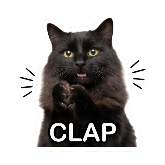 Applauding black cat with paws together and text CLAP Mystic Black Cat Moods sticker for expressive chats and social replies.