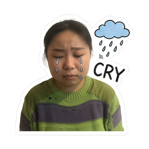 Young woman crying with a rain cloud icon and 'CRY' text Cheerful Daily Expressions sticker for expressive chats and social replies.