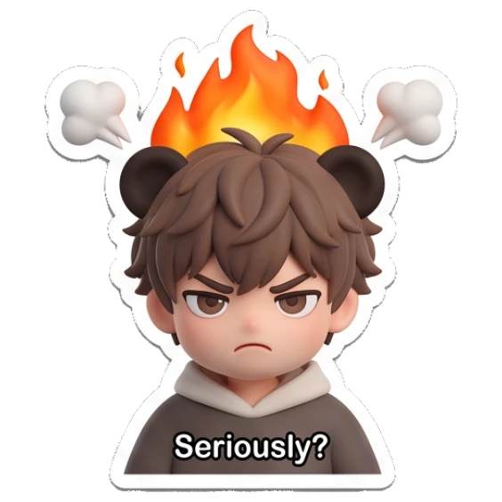 Angry boy with bear ears and fire on head with text Seriously? Brown Bear Boy Daily sticker for expressive chats and social replies.