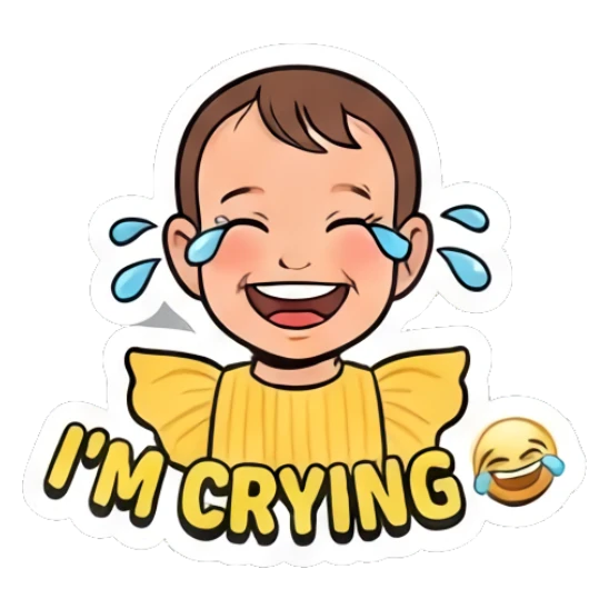 Crying toddler laughing with tears Little Sunshine Expressions sticker for expressive chats and social replies.