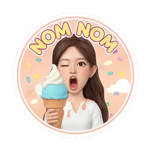Girl eating ice cream, 'NOM NOM' text, excited. Sweet Girl Daily Life sticker for expressive chats and social replies.