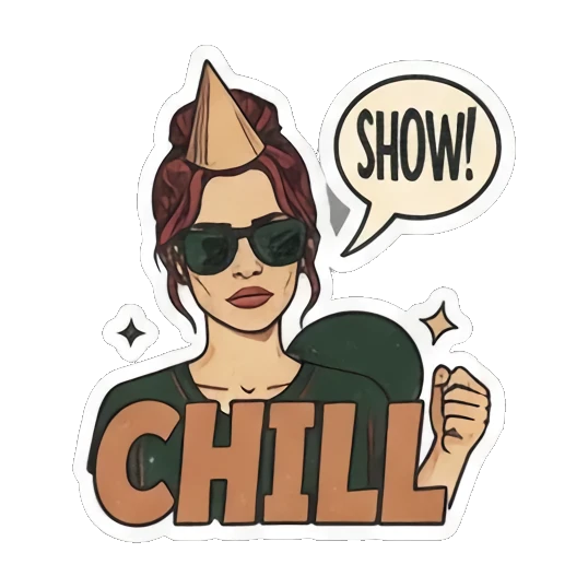 Partying 'CHILL' with hat and show bubble Expressive Gal's Daily Moods sticker for expressive chats and social replies.