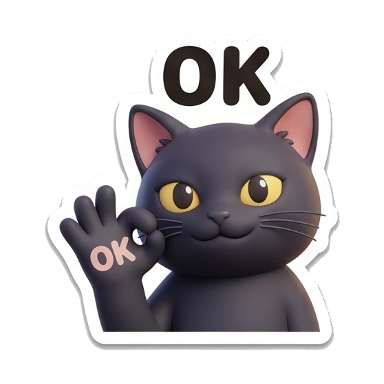 Black cat making an OK gesture with hand, happy expression. Playful Black Cat Moods sticker for expressive chats and social replies.