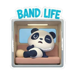 Panda resting on a couch inside a box with BAND LIFE text Rocking Panda Band sticker for expressive chats and social replies.