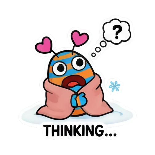 Monster wrapped in a blanket thinking, text THINKING... Striped Monster Winter Fun sticker for expressive chats and social replies.