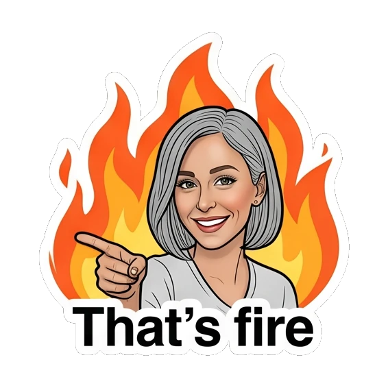 女性指着火焰背景，兴奋表情，文字That's fire Modern Woman Daily Vibes sticker for expressive chats and social replies.