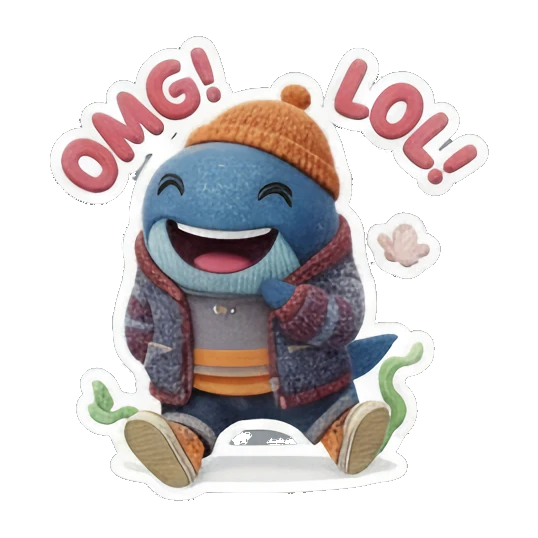 Blue whale laughing, joyful expression, text 'OMG! LOL!' Ocean Buddy Adventures sticker for expressive chats and social replies.