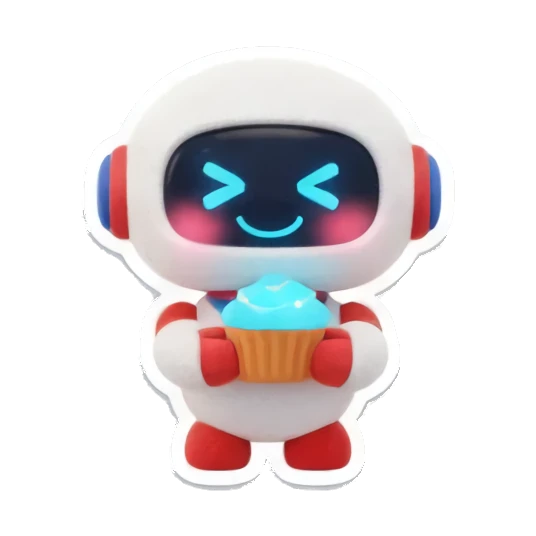 Hungry robot eating cupcake Mini Bot Emotions sticker for expressive chats and social replies.