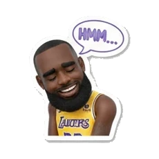 Basketball star smiling thoughtfully, HMM text King James Expressive Moments sticker for expressive chats and social replies.