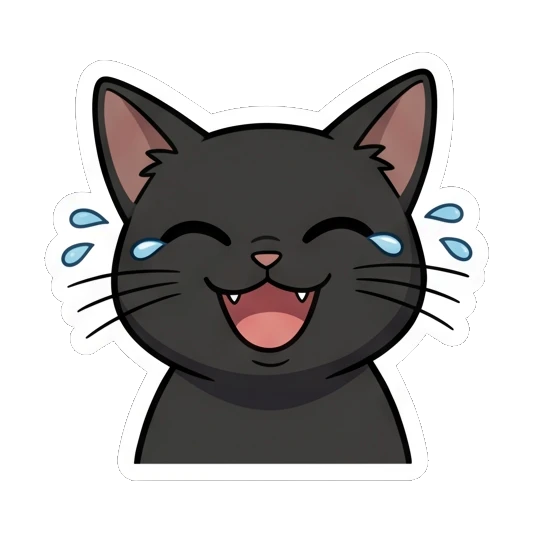 Black cat laughing with tears of joy and a happy expression. Little Black Cat Expressions sticker for expressive chats and social replies.