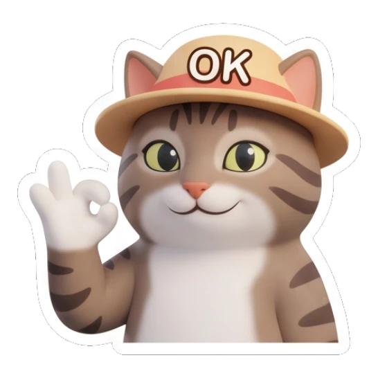 Tabby cat wearing a hat doing an OK gesture, text OK Tabby Cat Daily Vibes sticker for expressive chats and social replies.