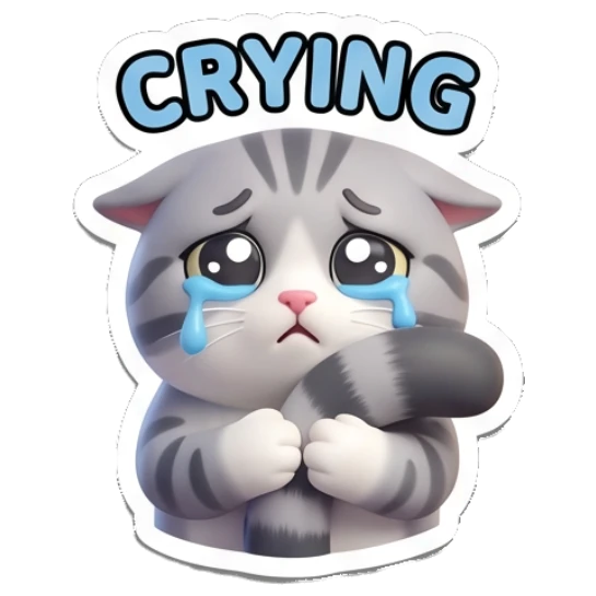 Sad tabby cat crying with tears and text CRYING Cheerful Tabby Cat Daily sticker for expressive chats and social replies.
