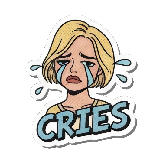 Crying girl with "CRIES" Retro Slang Girl sticker for expressive chats and social replies.