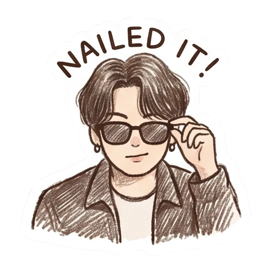 Boy wearing sunglasses and looking cool, text NAILED IT! Crayon Boy Daily Moods sticker for expressive chats and social replies.