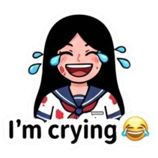 Laughing schoolgirl with tears of joy and text I'm crying Yandere Schoolgirl Vibes sticker for expressive chats and social replies.