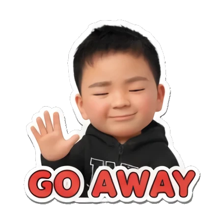 Little boy waving hand to dismiss with GO AWAY text. Little Boy Daily Expressions sticker for expressive chats and social replies.