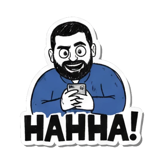 Man laughing at phone, "HAHHA!" Bearded Guy's Moods sticker for expressive chats and social replies.
