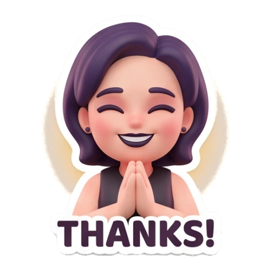 Grateful girl with hands pressed together in thanks with text THANKS! Modern Chic Girl Expressions sticker for expressive chats and social replies.