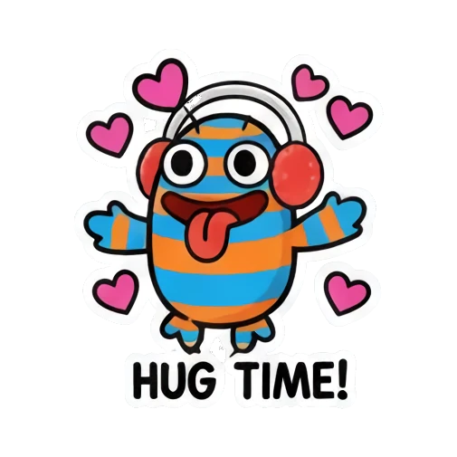 Monster wearing earmuffs, text HUG TIME! Striped Monster Winter Fun sticker for expressive chats and social replies.