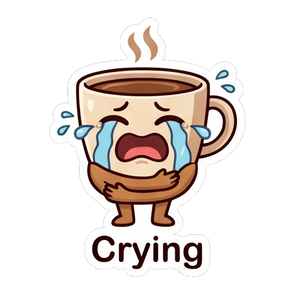 Crying coffee cup holding its belly with tears streaming. Cheerful Coffee Cup Pals sticker for expressive chats and social replies.