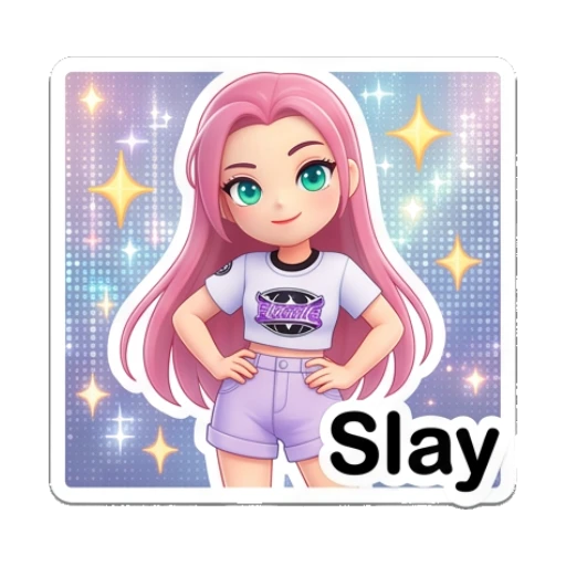 Pink-haired girl posing confidently with sparkles and text Slay Pinky Pop Adventures sticker for expressive chats and social replies.